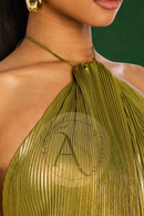 Vestido Longo Metalizado Rose – Elegância Luxuosa com Fenda Alta e Brilho Deslumbrante