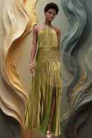 Vestido Longo Metalizado Rose – Elegância Luxuosa com Fenda Alta e Brilho Deslumbrante