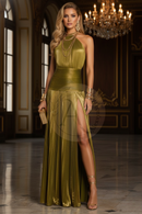 Vestido Longo Metalizado Rose – Elegância Luxuosa com Fenda Alta e Brilho Deslumbrante