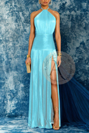 Vestido Longo Metalizado Rose – Elegância Luxuosa com Fenda Alta e Brilho Deslumbrante