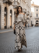 Conjunto elegante diagonal pescoço blusa sólida + calças perna larga