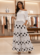 Conjunto elegante diagonal pescoço blusa sólida + calças perna larga